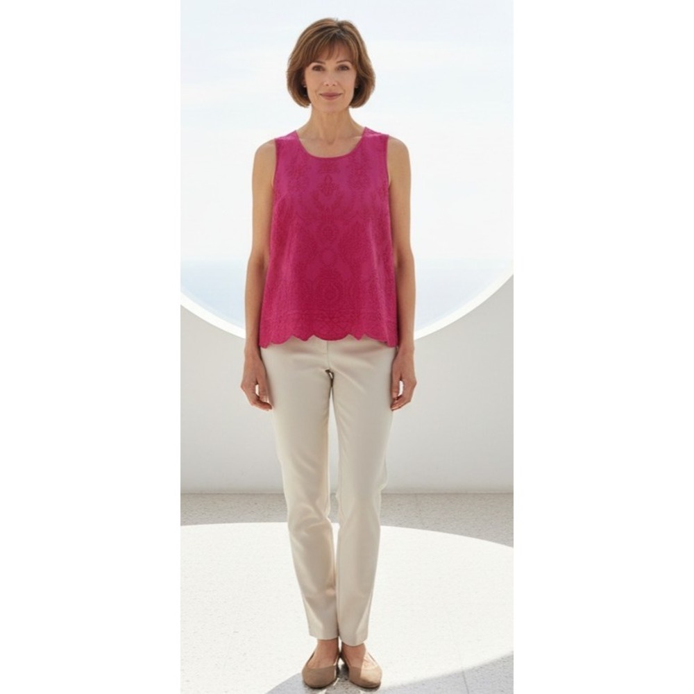 Soft Surroundings Size L Pink Embroidered Scalloped Hem Lined Sleeveless Top